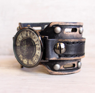 Vintage Riveted Leather Watch Cuff|Distressed Black