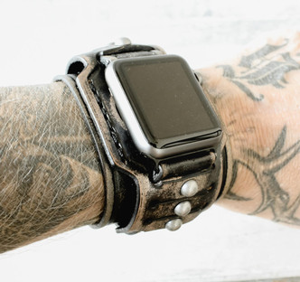 Vintage Distressed Black Leather Apple Watch Cuff with Rivets