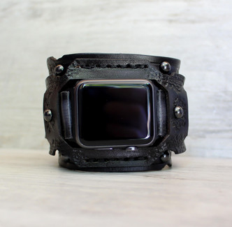 Distressed Black Steampunk Leather Apple Watch Cuff