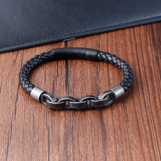 Black Leather Cord Bracelet with Stainless Steel Chain