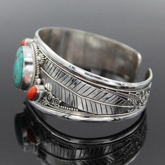 Navajo Inspired Turquoise and Red Stone Silver Cuff