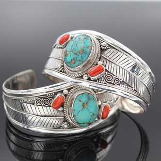 Navajo Inspired Turquoise and Red Stone Silver Cuff