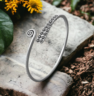 Floral Silver Bangle with Spiral Design