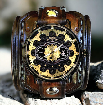 Men's Wide Leather Cuff Watch with Gold Detail