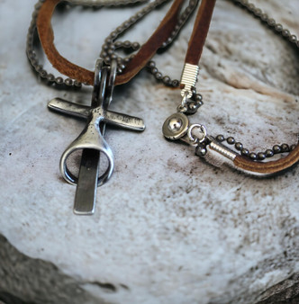 Classic Men's Silver Cross Necklace with Leather Cord and Chain