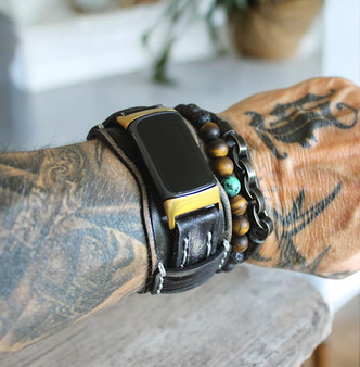 Fitbit Charge 6 leather cuff band in black – handmade adjustable strap on wrist Fitbit Charge 6 leather cuff band in black – handmade adjustable strap on wrist
