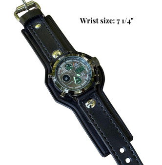 One-of-a-kind black leather cuff watch with digital face, handcrafted from full-grain leather, featuring a 2.5-inch wide band and designed for a 7 1/4" wrist.