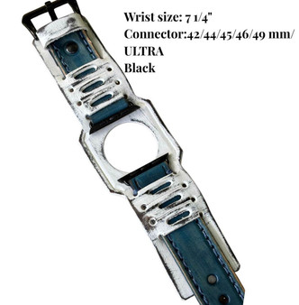 White and blue distressed leather Apple Watch cuff band with black connector, handmade 2" wide full-grain leather cuff for 7 1/4" wrist, Ultra compatible.
