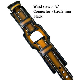 Sunburst leather Apple Watch cuff band with black edges and yellow stitching, handcrafted 2" wide full-grain leather for 38/40/41mm, fits 7 1/4" wrist.