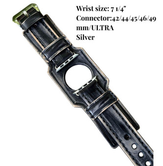 Distressed black leather Apple Watch cuff band with silver connector, 2" wide, handcrafted full-grain leather cuff for Ultra and 42–49mm, fits 7 1/4" wrist.