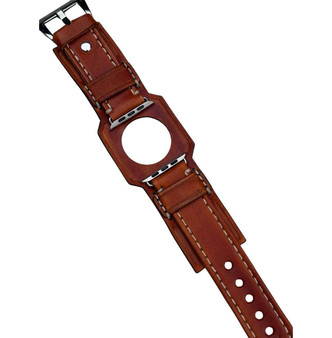 Handcrafted saddle tan 2-inch leather Apple Watch band with off-white stitching and silver connector – limited 7-inch edition. Handcrafted saddle tan 2-inch leather Apple Watch band with off-white stitching and silver connector – limited 7-inch edition.