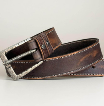 custom leather belt man handmade vegetable tanned leather belt with gray stitching