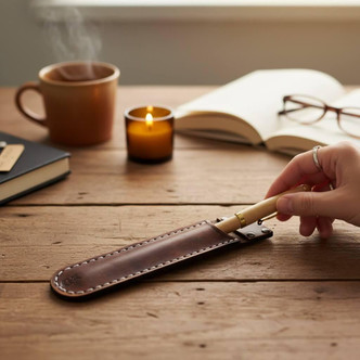 Leather pen case with included pen made from full grain vegetable tanned leather