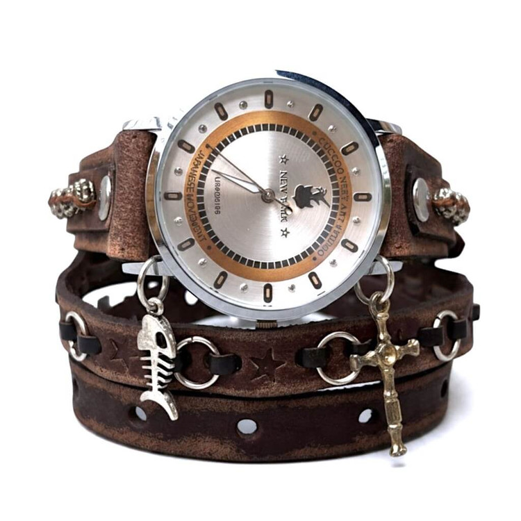 One-of-a-kind women's dark brown leather wrap watch featuring layered distressed leather straps, metal ring details, and decorative charms.