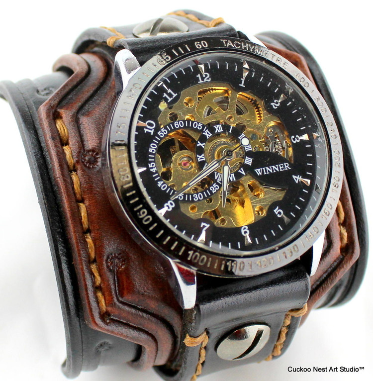 Stylish Black and Brown Men's Leather Watch Band with Steampunk Watch Face