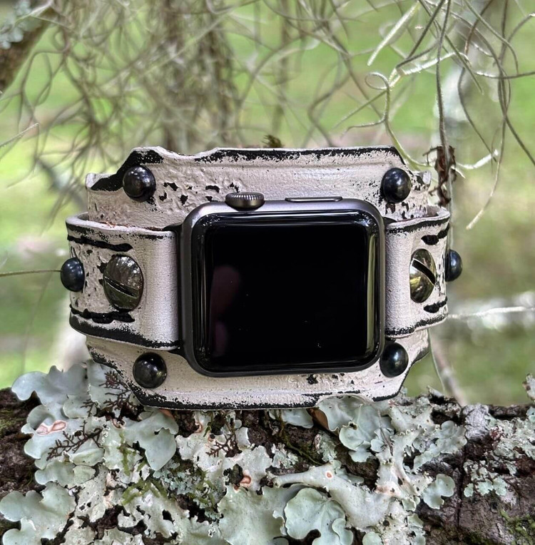 The Burnt Edge Cuff – Bone White Steampunk Leather Apple Watch Band with Distressed Finish, Handmade in the USA. The Burnt Edge Cuff – Bone White Steampunk Leather Apple Watch Band with Distressed Finish, Handmade in the USA.