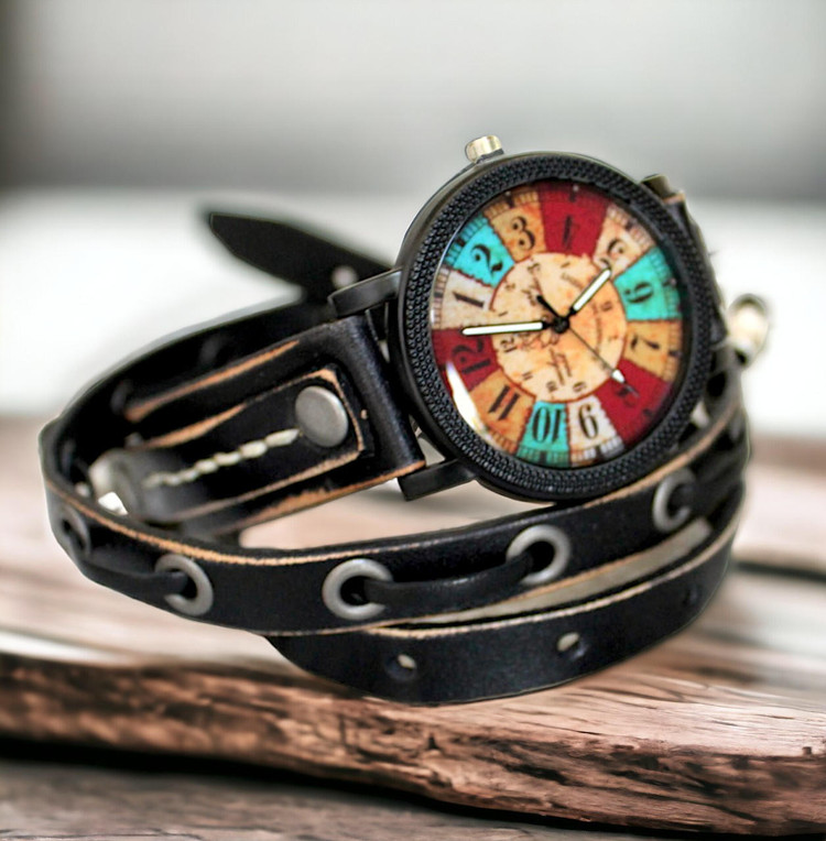 Women's Black Leather Wrap Band with Boho Watch