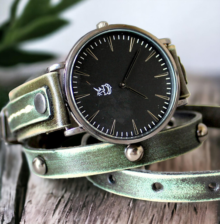 Women's Leather Watch with Green Wrap Band and Black Dial