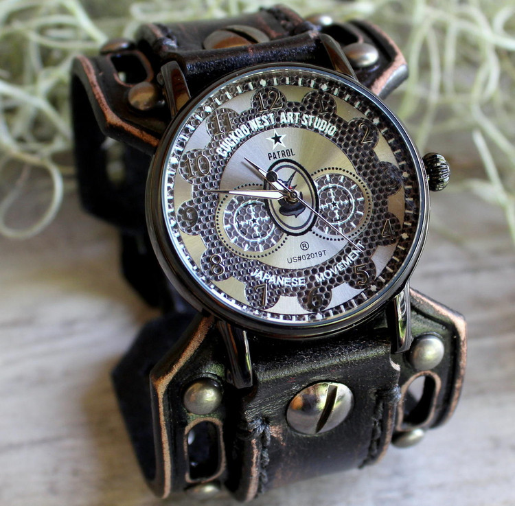 MENS LEATHER CUFF WATCH|VINTAGE BLACK