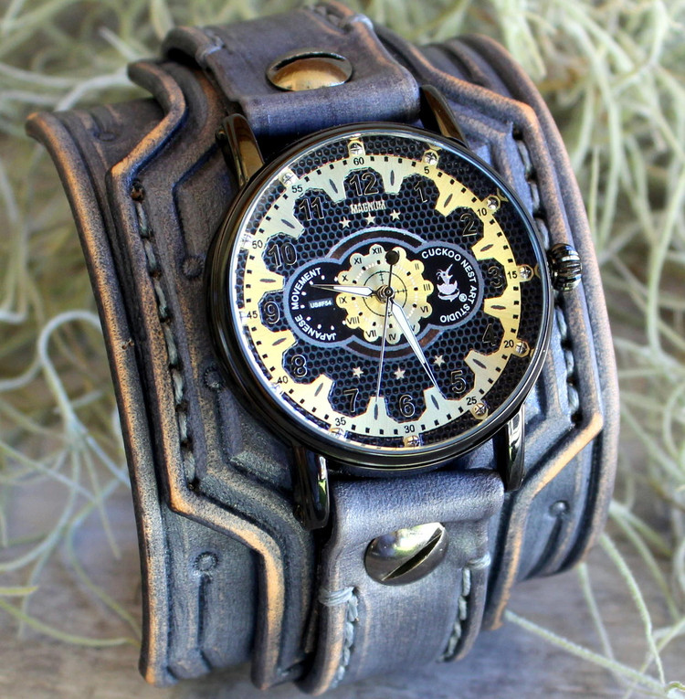 Gray Leather watch cuff with Gold watch 