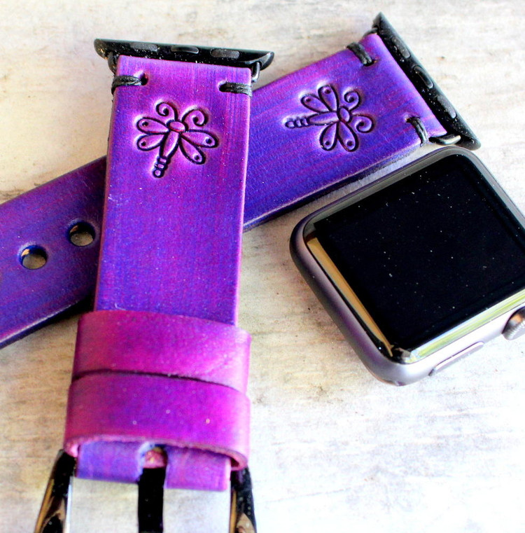 Purple leather apple watch strap with custom stamp
