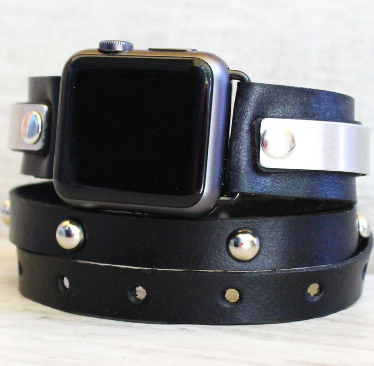 Black apple watch band with silver embellishment 