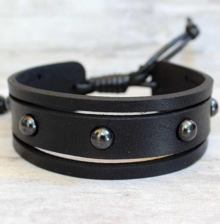 Black leather bracelet with black rivets|Gift for Him