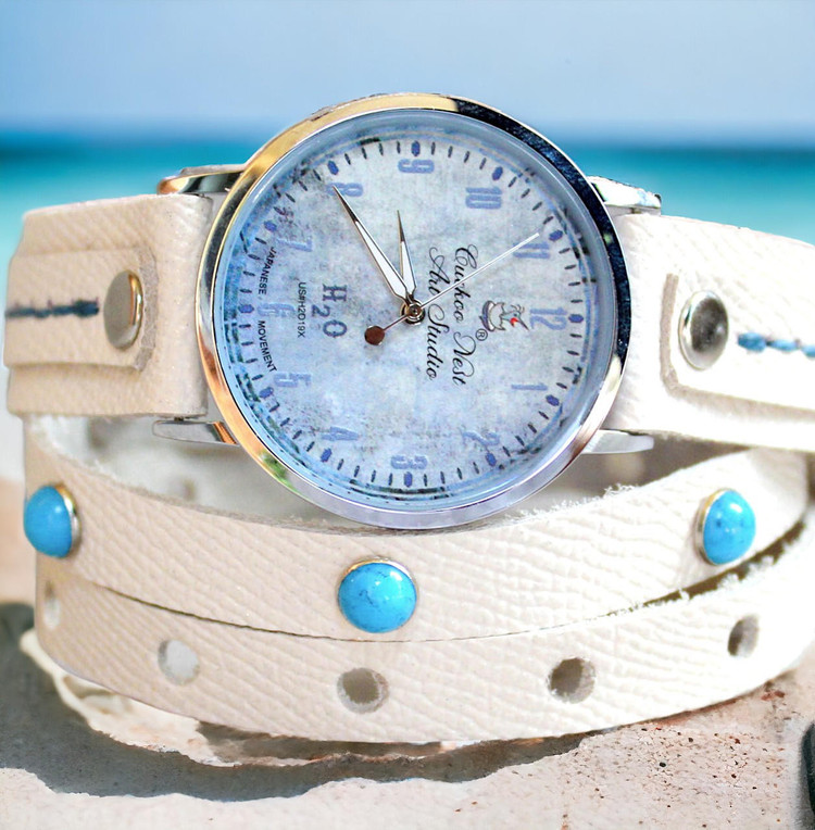 White Vegan Leather Watch with Blue Dial