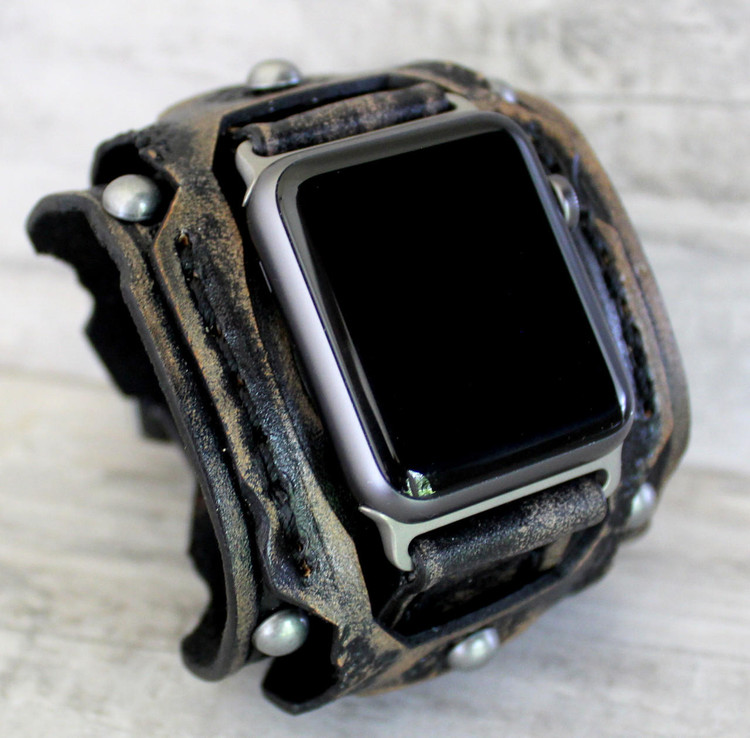 Distressed Black Steampunk Leather Apple Watch Cuff