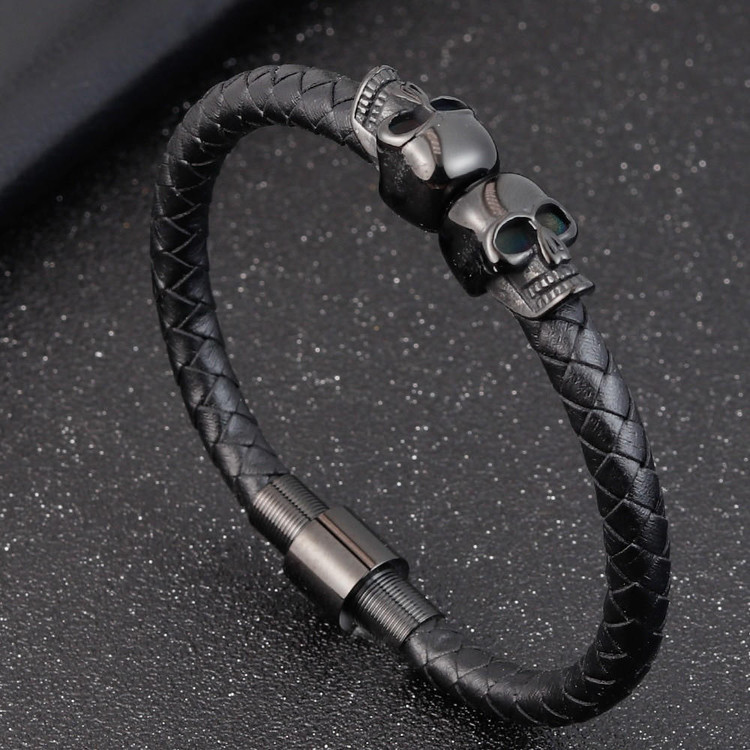  Black Braided Leather Bracelet with Stainless Steel Skulls 