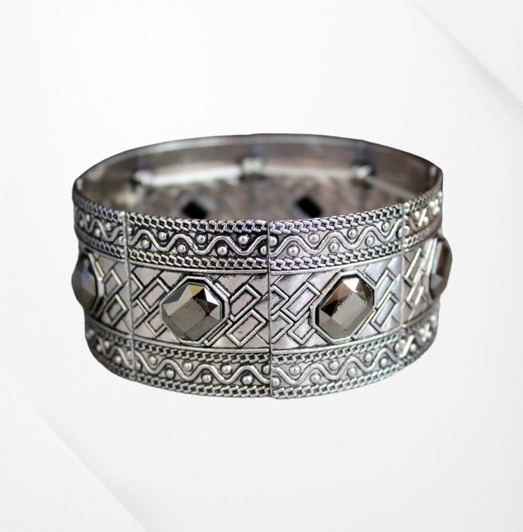 Silver Bohemian Elastic Cuff Bracelet with Gold Stones