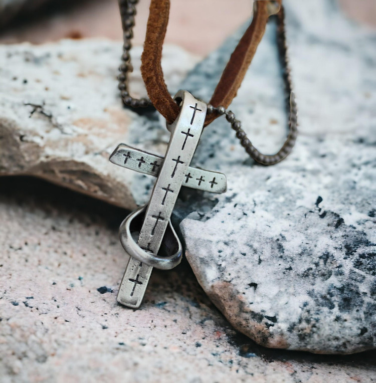 Classic Men's Silver Cross Necklace with Leather Cord and Chain