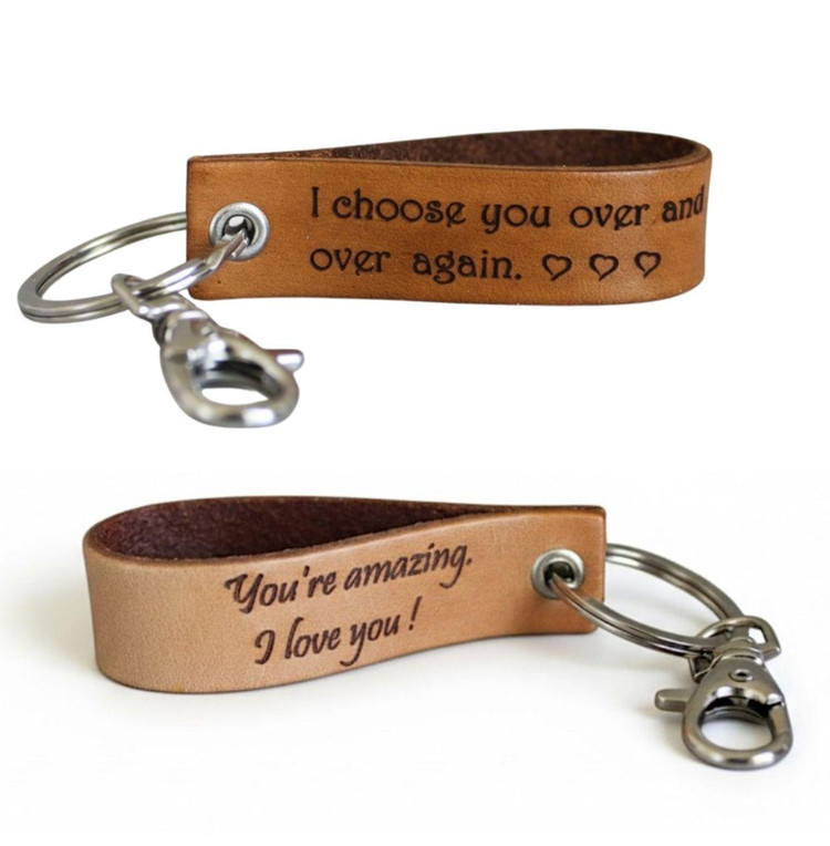 Personalized leather keychains, natural and tan color