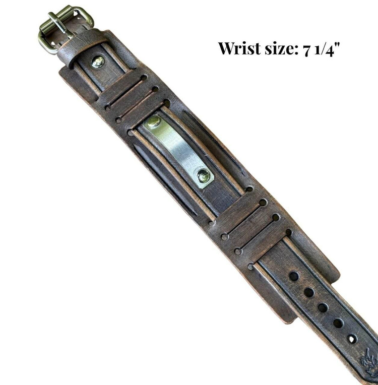 Handcrafted distressed gray leather bracelet with metal tag, 1.5" wide full-grain leather cuff designed for a 7 1/4" wrist, one-of-a-kind prototype piece.
