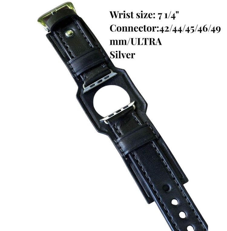 Black full-grain leather Apple Watch cuff with silver connector, handcrafted 2" wide band for Ultra and 42–49mm models, sized for 7 1/4" wrist.