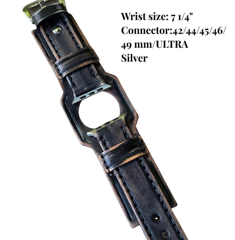 Distressed brown full-grain leather Apple Watch cuff band with silver connector and black stitching, 2" wide, fits Ultra and 42–49mm, made for 7 1/4" wrist.