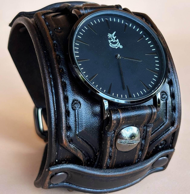 Black leather watch cuff for men with wide band and 37mm dial handmade by Cuckoo Nest Art Studio Black leather watch cuff for men with wide band and 37mm dial handmade by Cuckoo Nest Art Studio