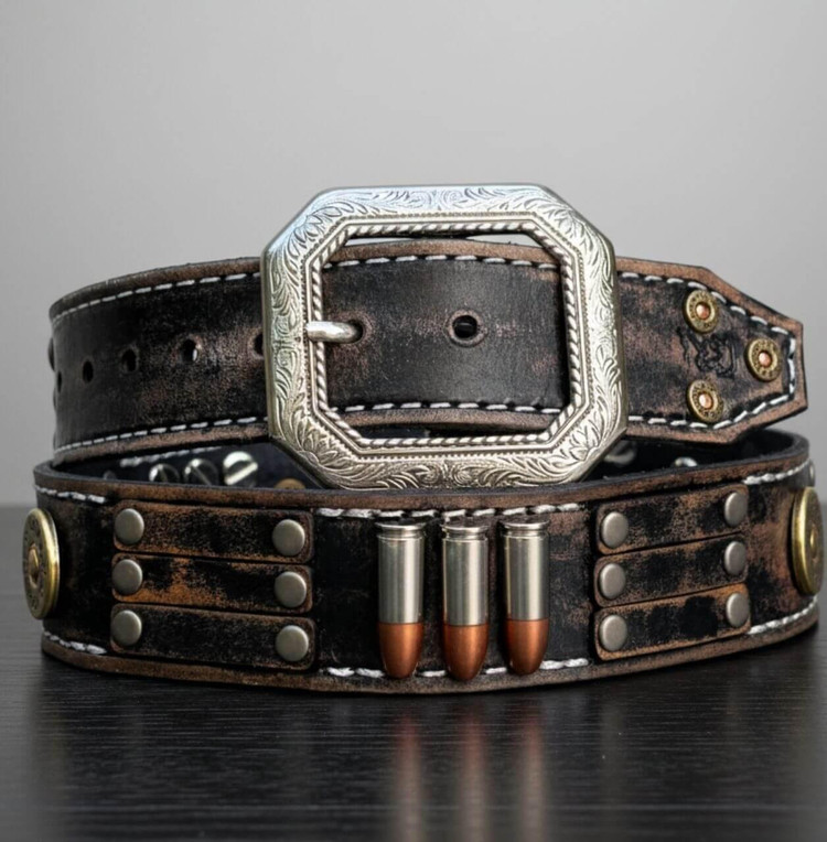 Handmade black leather bullet belt with shotgun shell conchos Handmade black leather bullet belt with shotgun shell conchos