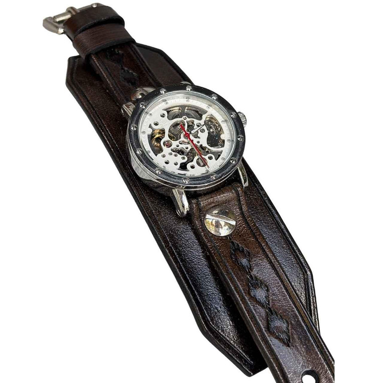 Dark Brown Stamped Leather Cuff Watch-6"— Final Few, 50% Off