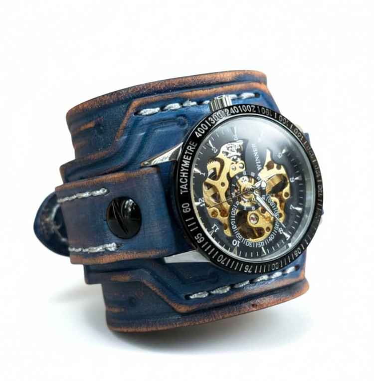 Handcrafted navy leather cuff watch with vintage worn finish