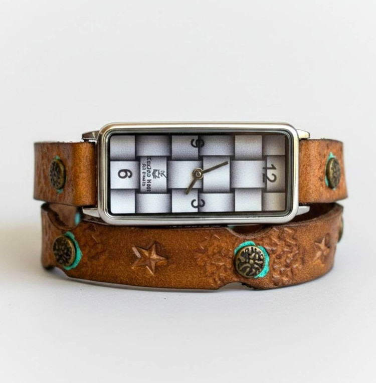 Vintage bracelet watch with handmade brown leather double wrap strap