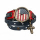 Front view of women's leather wrap watch featuring a 35mm American flag dial, red and navy leather, decorative star accents, and brass-tone cross charm.