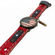 Angled side view of women's red leather watch featuring a vintage American flag dial, 35mm brass-tone case, star decorations, and dangling bullet-shaped charm.