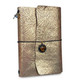 Gilded Garden refillable A5 leather journal with metallic gold floral cover, black elastic closure, and round decorative pendant.