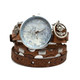 One-of-a-kind brown leather wrap watch with scalloped leather straps, silver-tone metal accents, and decorative flower charm.