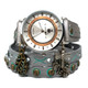 Women's silver gray leather wrap watch with turquoise accents, antique brass studs, dragonfly charm, and silver-tone watch face.