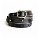 Back of black leather Apple Watch wrap band showing the adjustable metal buckle, studs, and sizing holes.