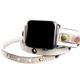 Personalized white Apple Watch strap with distressed leather finish and customizable metal tags for short words or names.