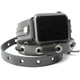 Angled view of handmade gray leather Apple Watch band with silver eyelets and black leather strips woven through the straps.