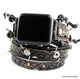 Handmade black Apple Watch wrap band with bronze-colored leather pattern, metal studs, and knotted cords.